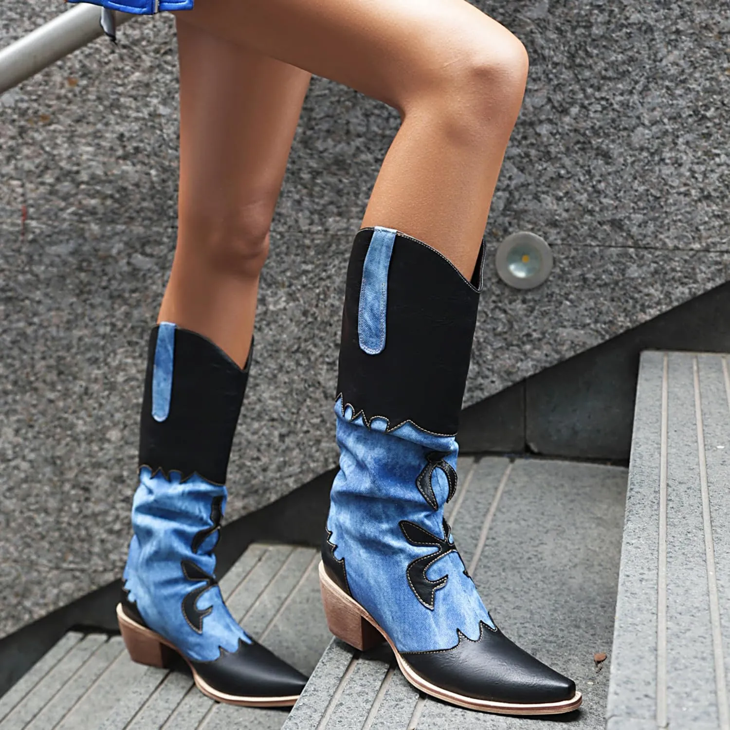 Cozivwaiy Women Denim Cowboy Boots Patchwork Knee High Boots Colorblock Western Cowgirl Mid Calf Jeans Shoes Pointed Toe Chunky Heel Pull On