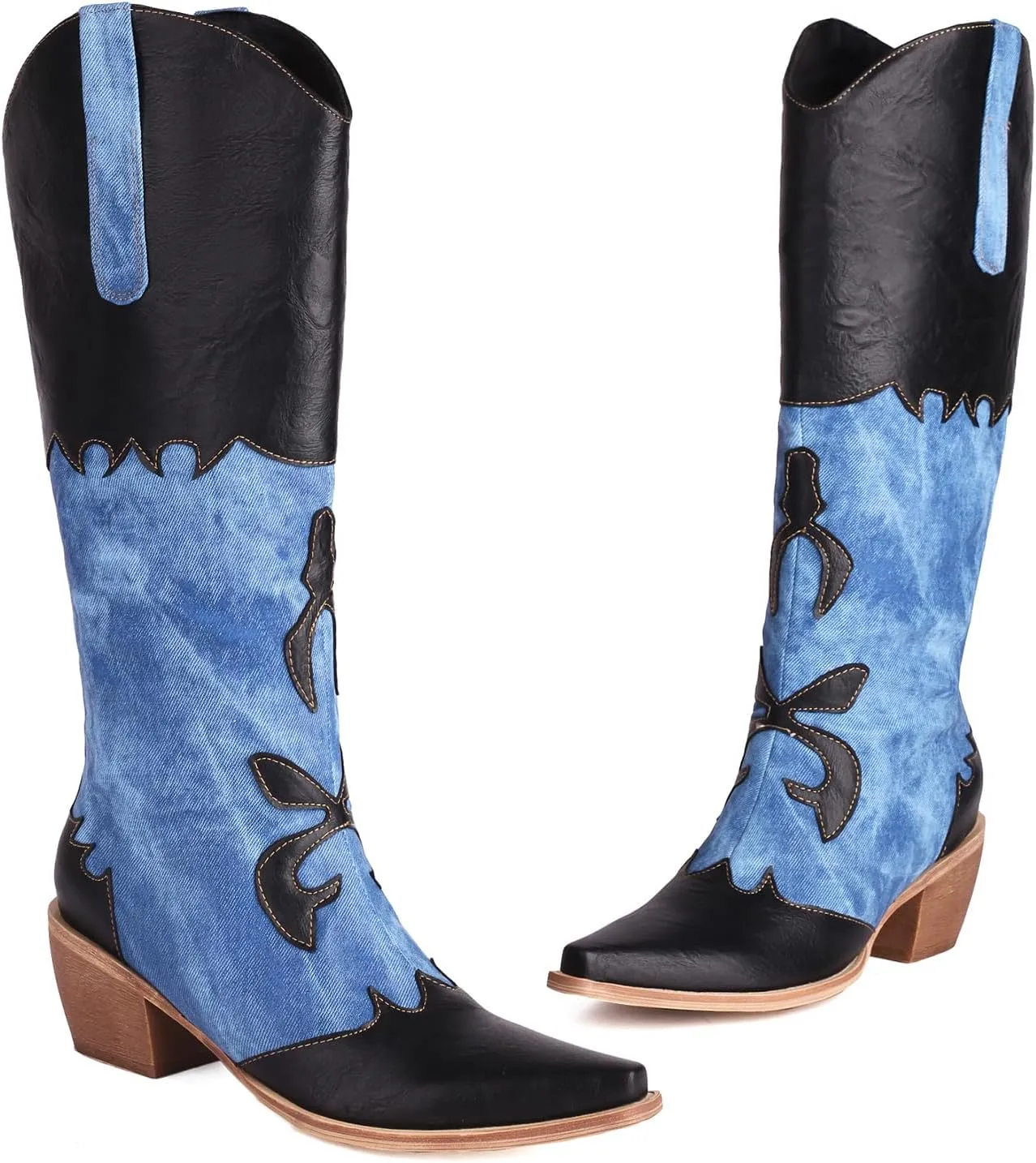 Cozivwaiy Women Denim Cowboy Boots Patchwork Knee High Boots Colorblock Western Cowgirl Mid Calf Jeans Shoes Pointed Toe Chunky Heel Pull On