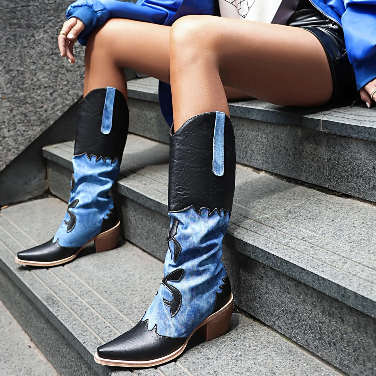 Cozivwaiy Women Denim Cowboy Boots Patchwork Knee High Boots Colorblock Western Cowgirl Mid Calf Jeans Shoes Pointed Toe Chunky Heel Pull On