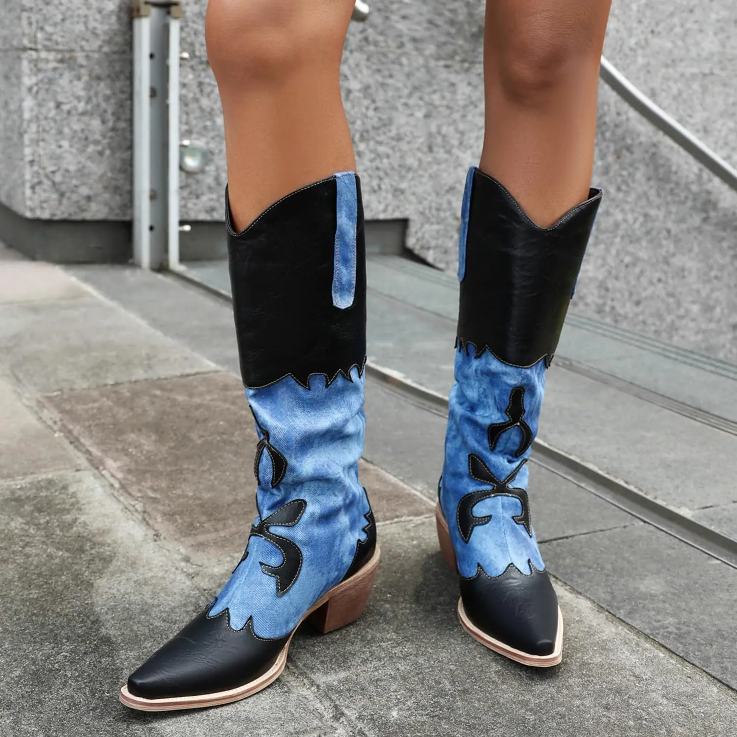Cozivwaiy Women Denim Cowboy Boots Patchwork Knee High Boots Colorblock Western Cowgirl Mid Calf Jeans Shoes Pointed Toe Chunky Heel Pull On