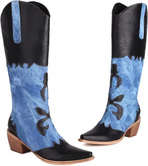 Cozivwaiy Women Denim Cowboy Boots Patchwork Knee High Boots Colorblock Western Cowgirl Mid Calf Jeans Shoes Pointed Toe Chunky Heel Pull On