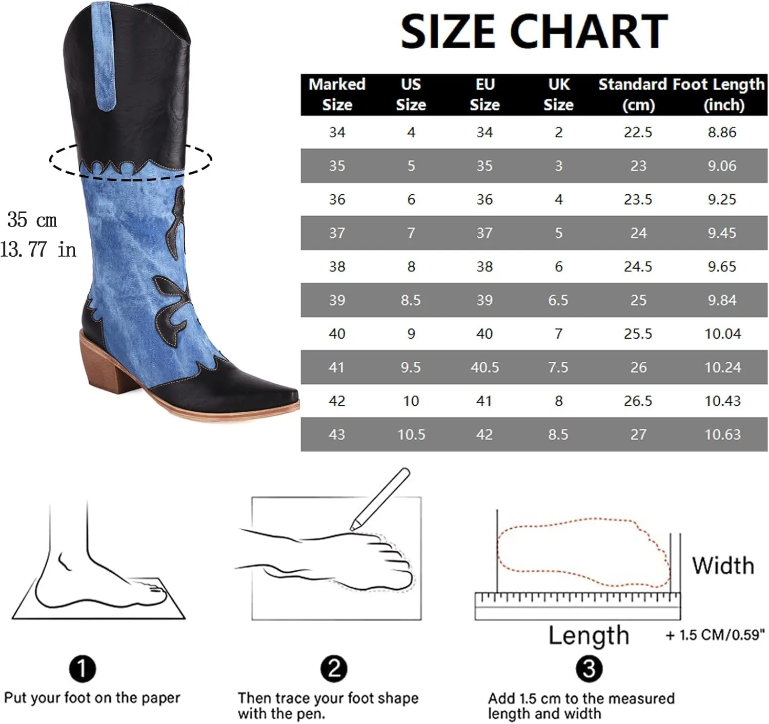 Cozivwaiy Women Denim Cowboy Boots Patchwork Knee High Boots Colorblock Western Cowgirl Mid Calf Jeans Shoes Pointed Toe Chunky Heel Pull On