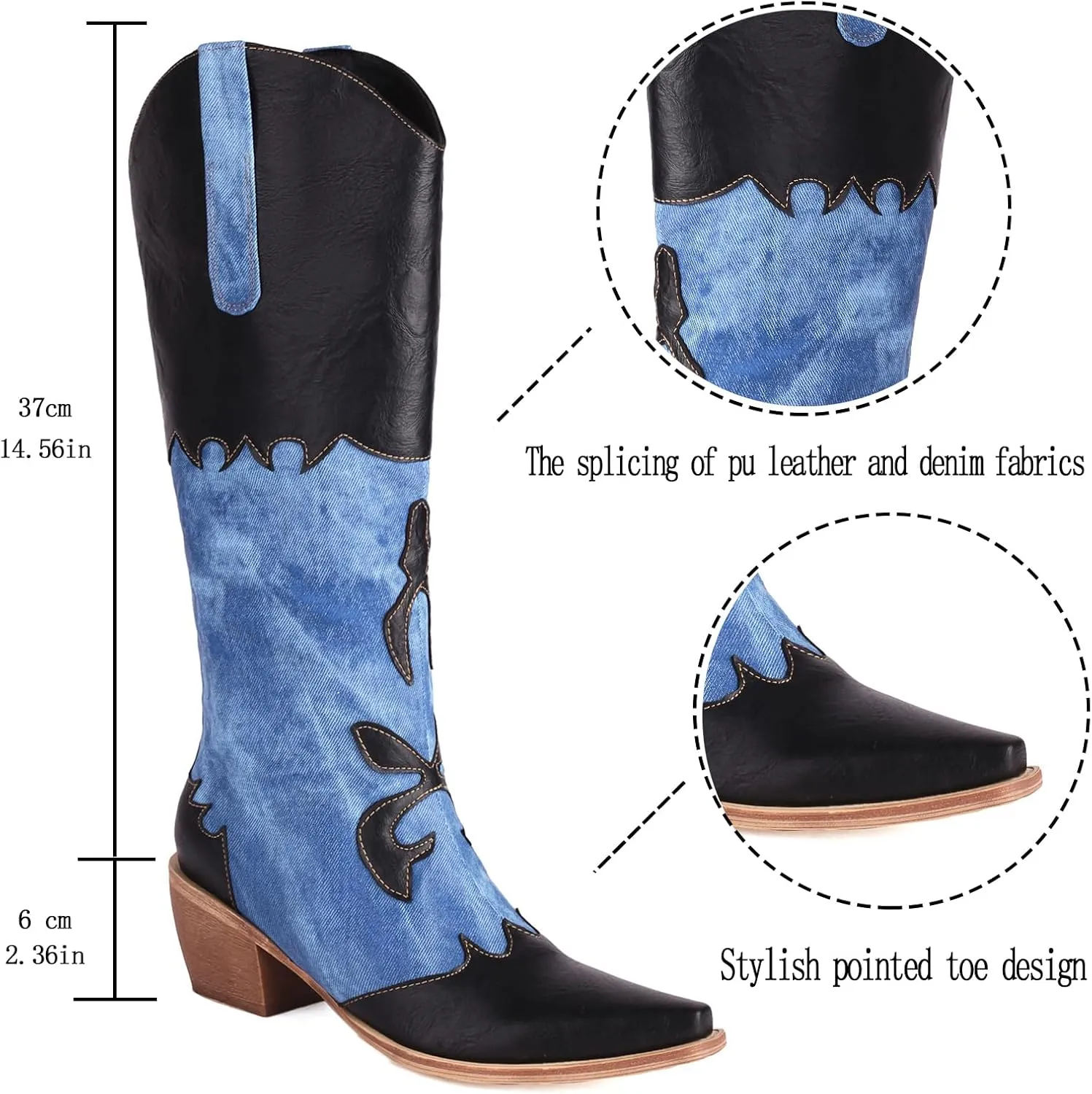 Cozivwaiy Women Denim Cowboy Boots Patchwork Knee High Boots Colorblock Western Cowgirl Mid Calf Jeans Shoes Pointed Toe Chunky Heel Pull On