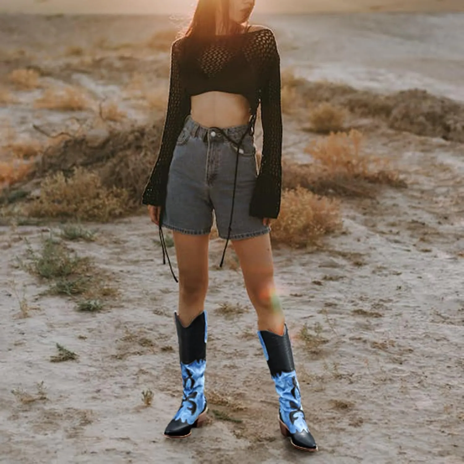 Cozivwaiy Women Denim Cowboy Boots Patchwork Knee High Boots Colorblock Western Cowgirl Mid Calf Jeans Shoes Pointed Toe Chunky Heel Pull On