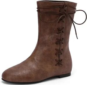 Cozivwaiy Women Vintage Flats Short Boots Lace up Comfortable Boots Round Toe Pirate Boots Costume Medieval Renaissance Flat Victorian Boots