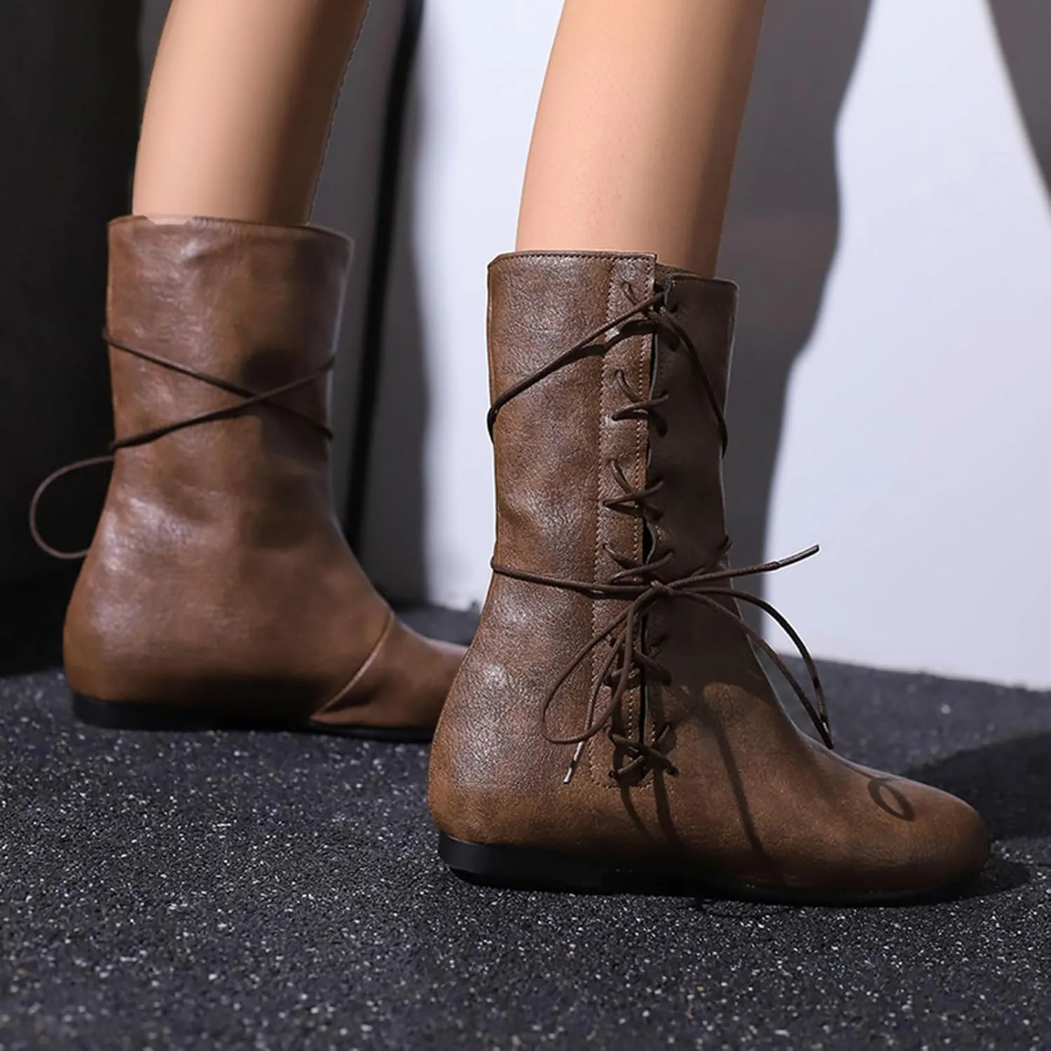 Cozivwaiy Women Vintage Flats Short Boots Lace up Comfortable Boots Round Toe Pirate Cosplay