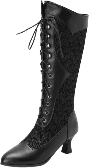 Cozivwaiy Women Vintage Kitten Heels Victorian Boots Knee High Lace up Knight Boots Party Wedding Boots Plus Size 3-12.5