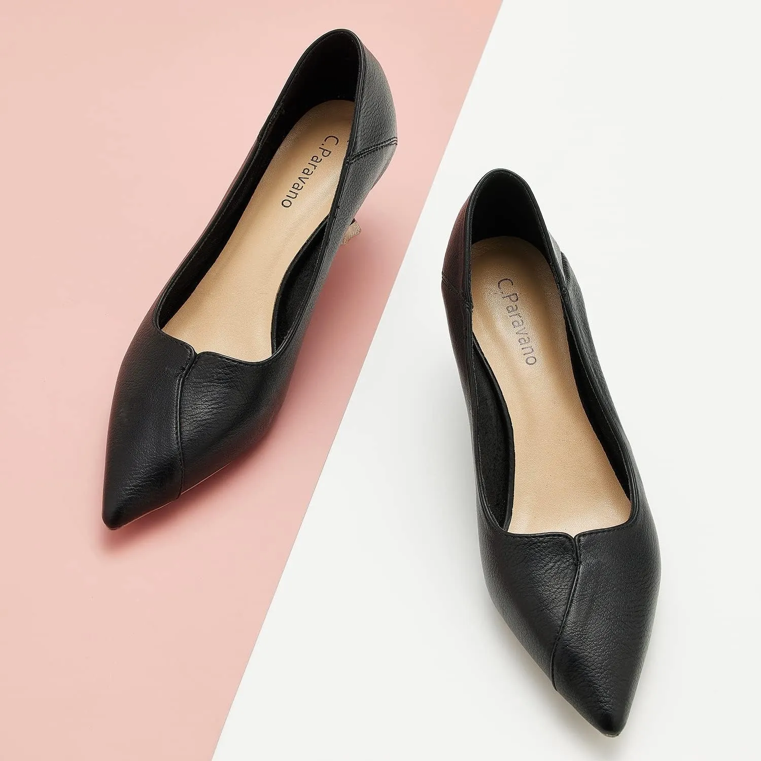C.Paravano Pointy Kitten Heels Wedding Shoes Dressy Low Heel Work Casual Heels Flight Attendant Heels Mules Heels Women Pump for Office Wear