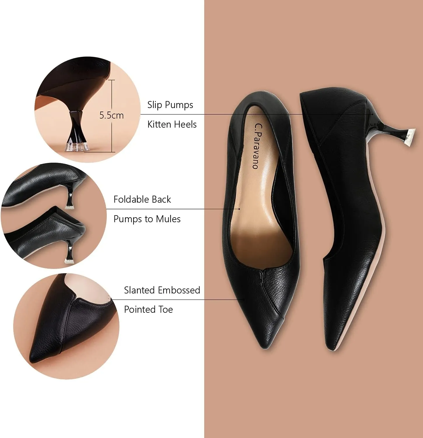 C.Paravano Pointy Kitten Heels Wedding Shoes Dressy Low Heel Work Casual Heels Flight Attendant Heels Mules Heels Women Pump for Office Wear