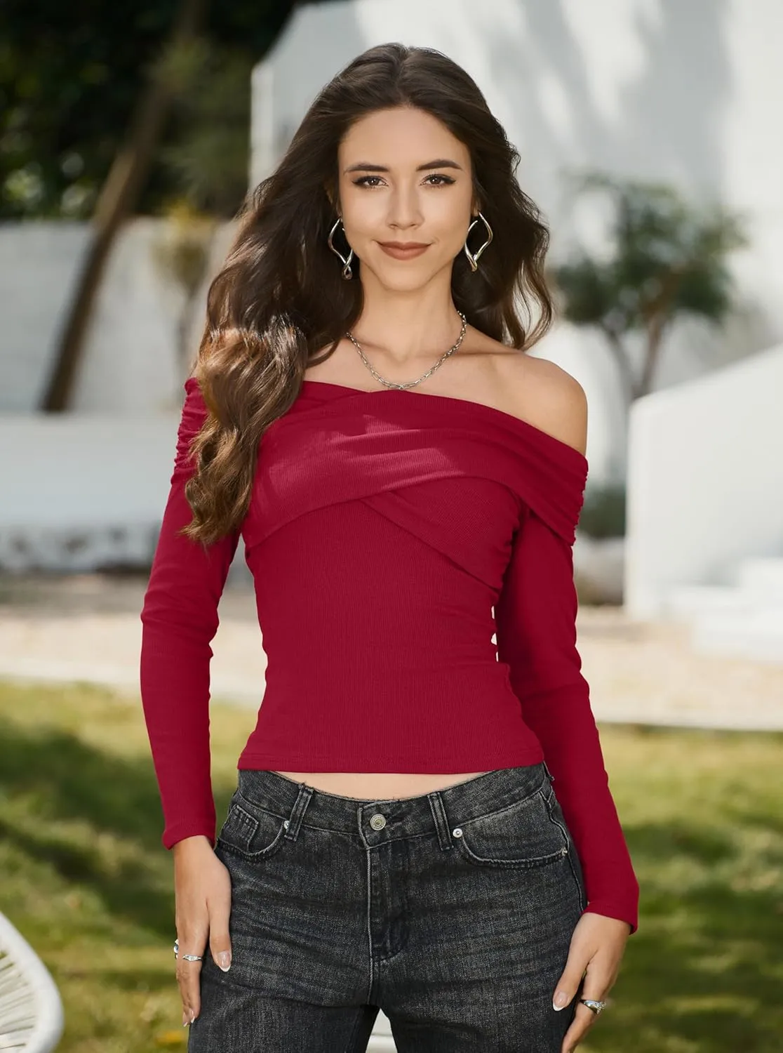 CSDAJIO Off The Shoulder Tops for Women Long Sleeve Ribbed Top Cross Wrap Going Out Shirt Fitted Tee