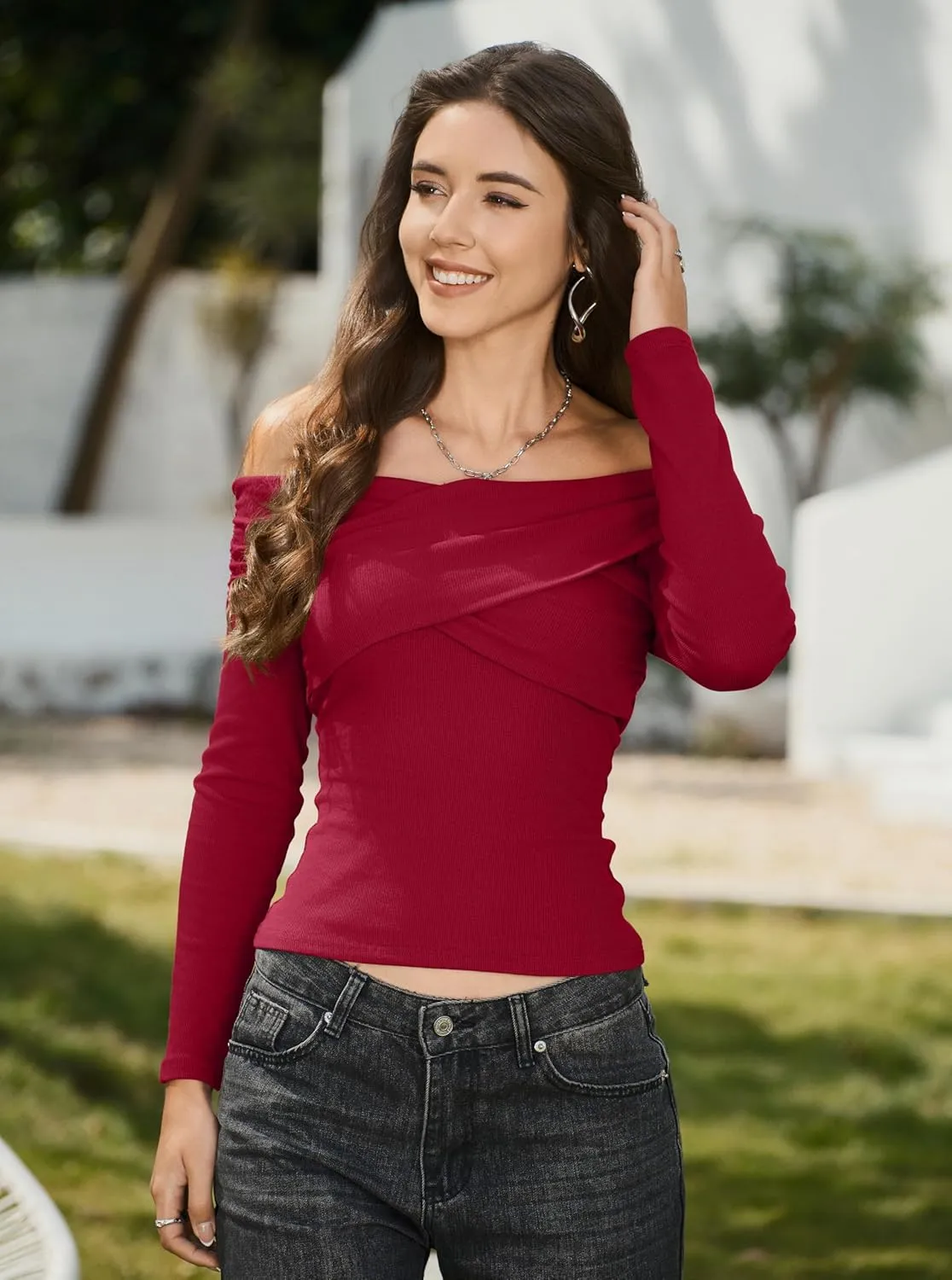 CSDAJIO Off The Shoulder Tops for Women Long Sleeve Ribbed Top Cross Wrap Going Out Shirt Fitted Tee