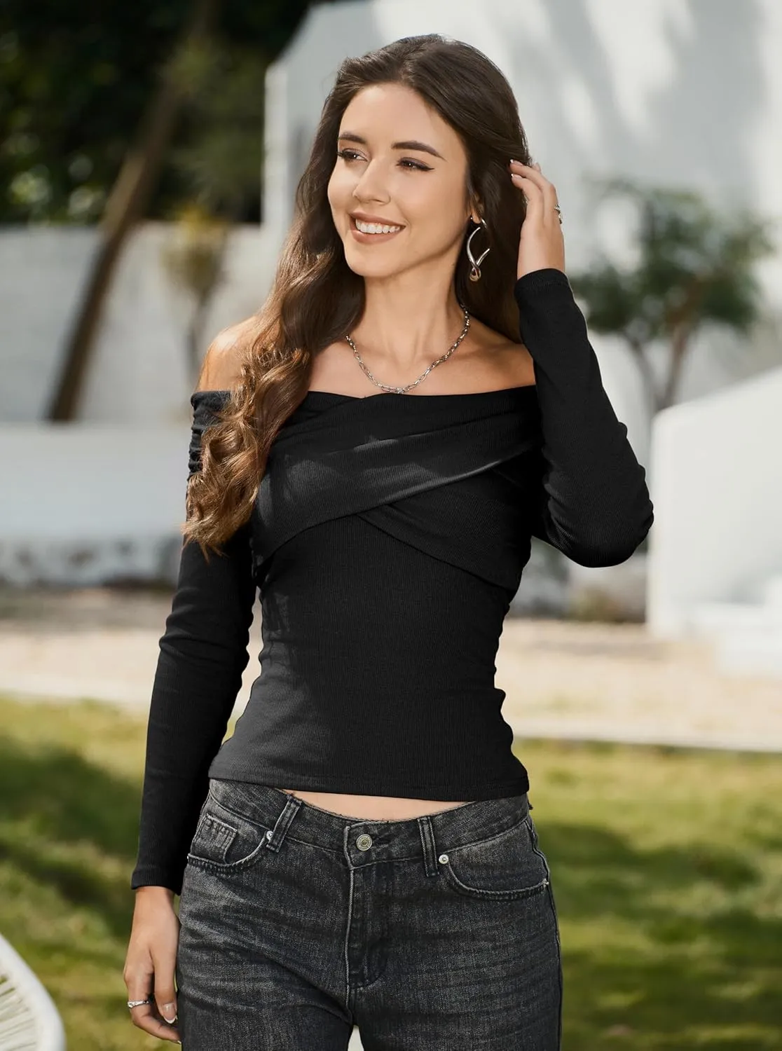 CSDAJIO Off The Shoulder Tops for Women Long Sleeve Ribbed Top Cross Wrap Going Out Shirt Fitted Tee