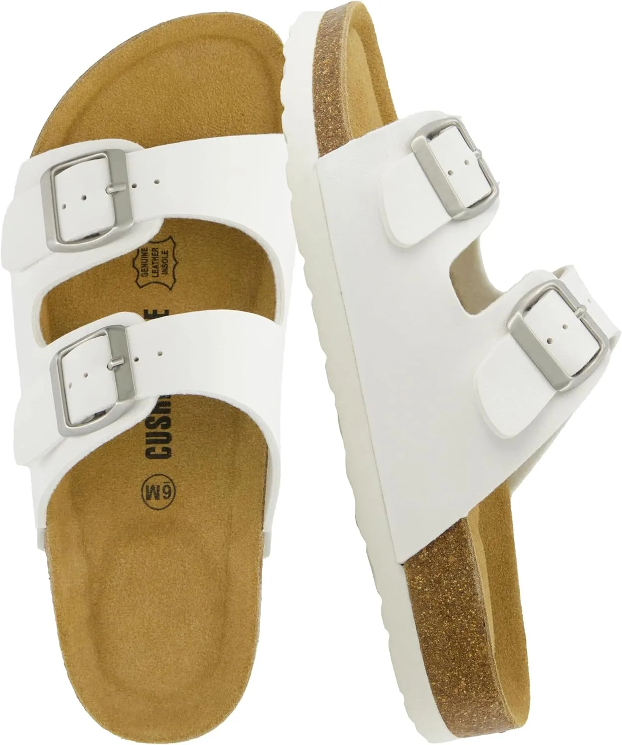CUSHIONAIRE Lane Cork Footbed Sandals for Women – Comfortable Double Buckle Slip-On with Genuine Suede Footbed & Arch Support Slides for Women Footwear