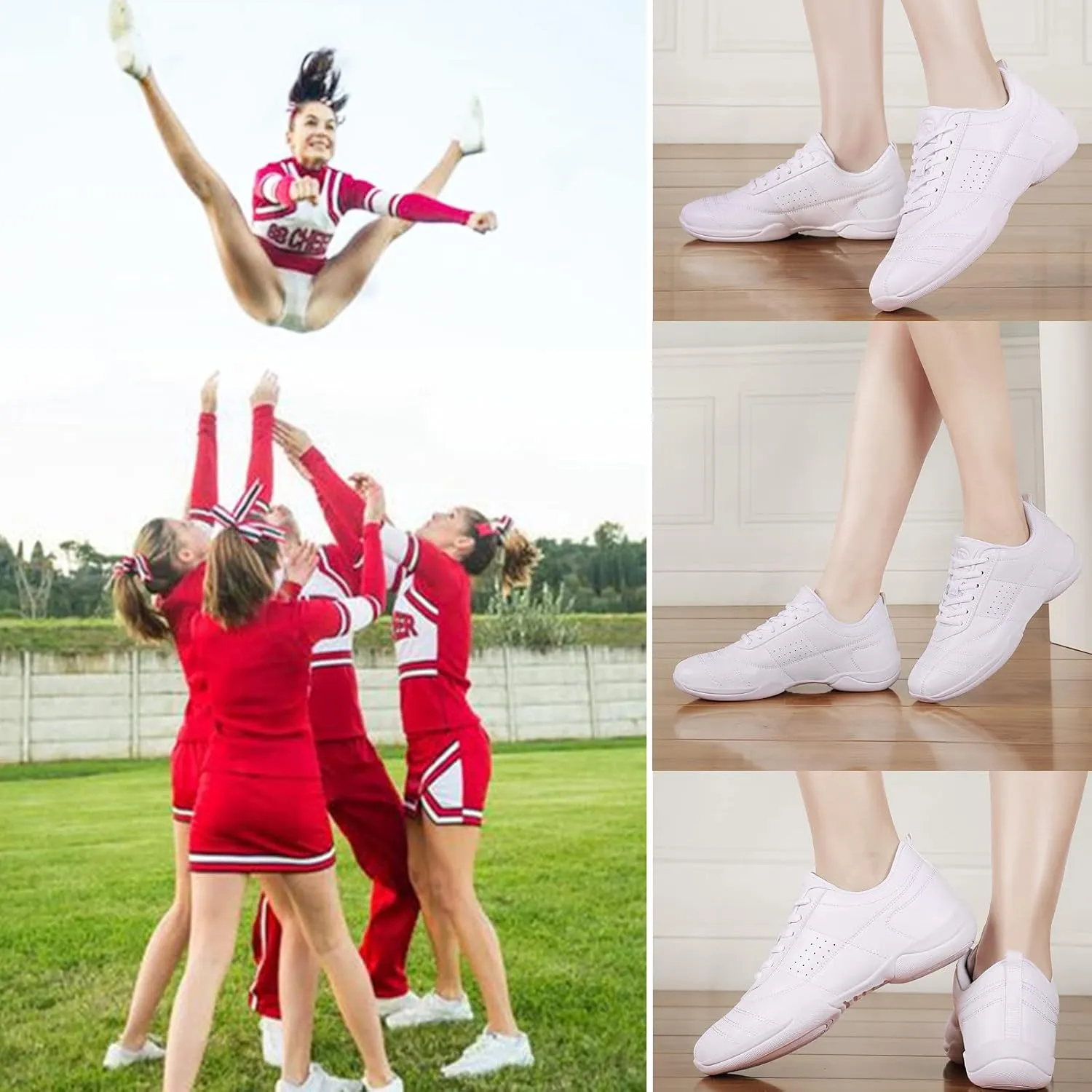 DADAWEN Adult & Youth Cheer Shoes Girls White Cheerleading Shoes for Women Dance Shoes Athletic Sport Training Tennis Breathable Competition Cheer Sneakers