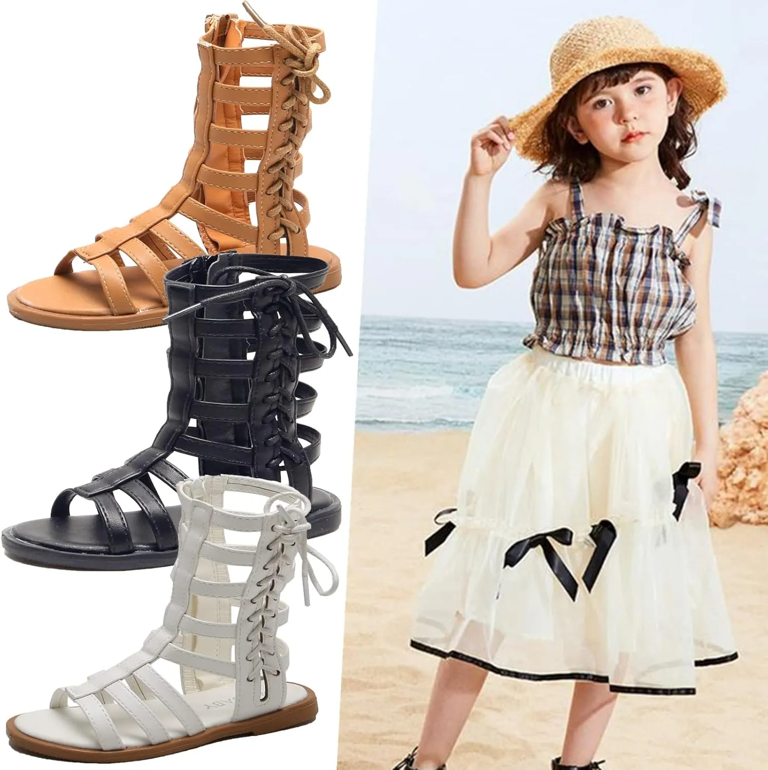 DADAWEN Toddler Girls Sandals Summer Open Toe Strapped Gladiator Sandals With Side Zipper (Toddler/Little Kid)