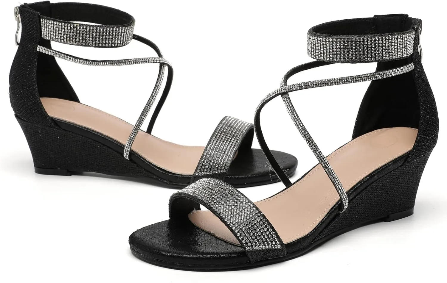 DADAWEN Women's Open Toe Ankle Strap Glitter Rhinestones Low Wedge Sandals Party Wedding Dress Pumps Shoes