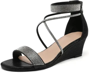 DADAWEN Women's Open Toe Ankle Strap Glitter Rhinestones Low Wedge Sandals Party Wedding Dress Pumps Shoes