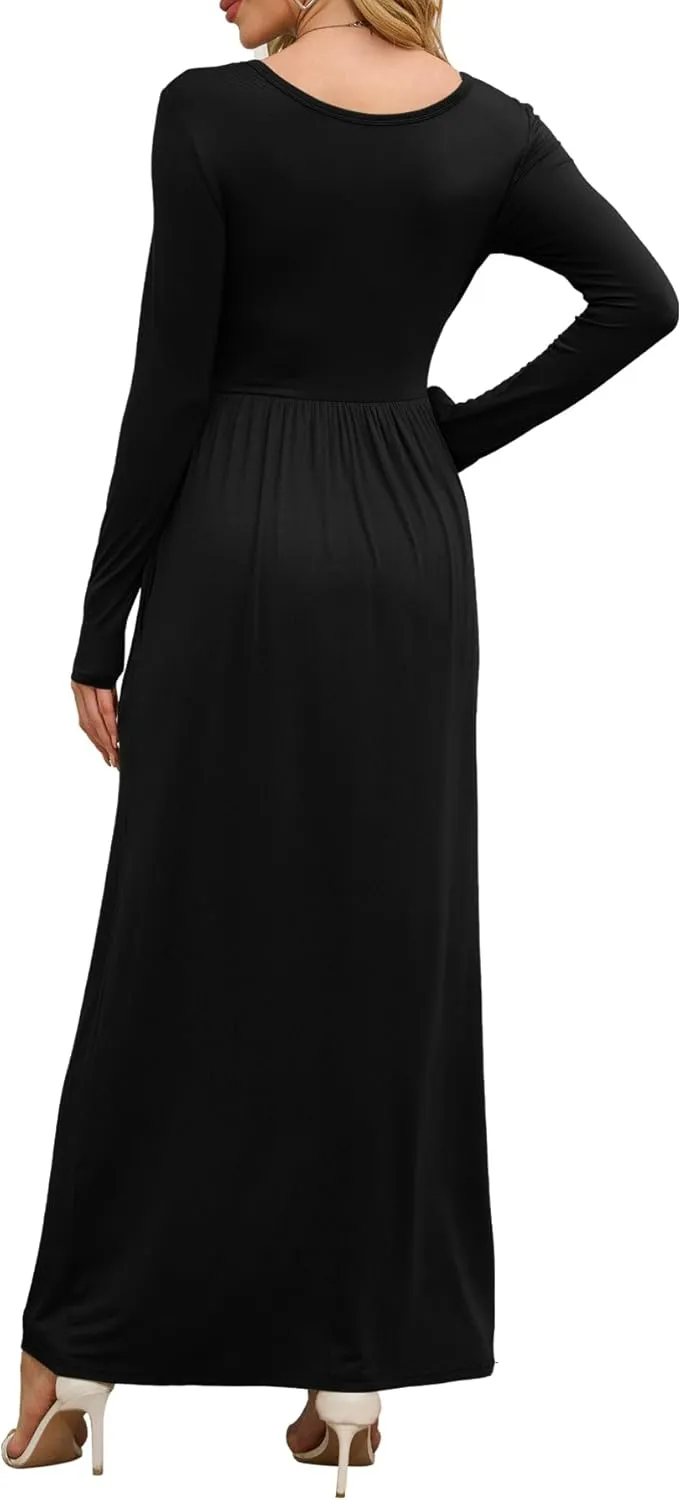 DEARCASE Women's Maxi Dress Long Sleeve Crewneck Loose Plain Casual Empire Waist Fall Party Long Dresses with Pockets