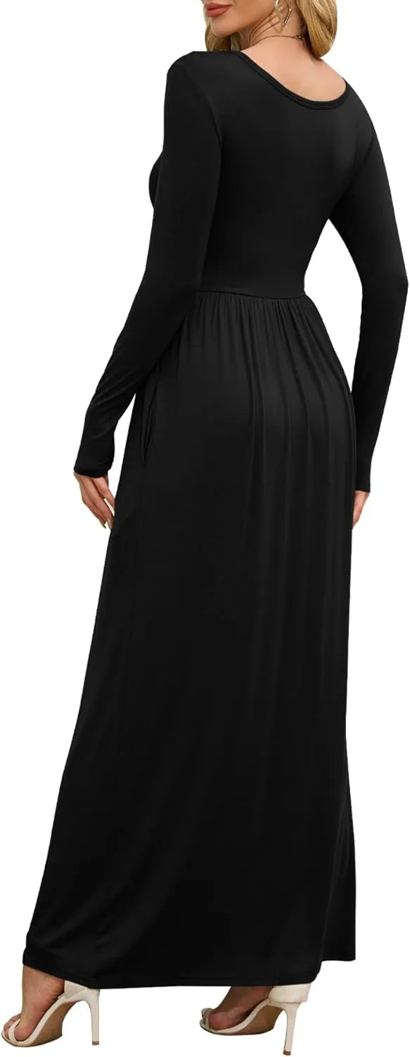 DEARCASE Women's Maxi Dress Long Sleeve Crewneck Loose Plain Casual Empire Waist Fall Party Long Dresses with Pockets