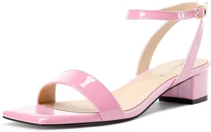 DearOnly Womens Chunky Block Low Heel Square Toe Ankle Strap Sandals Slingback Patent Leather Buckle Summer Dress Shoes 1.2 Inches Heels