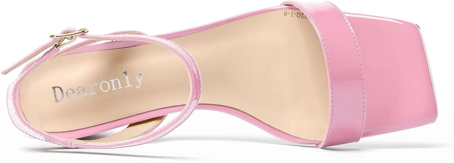DearOnly Womens Chunky Block Low Heel Square Toe Ankle Strap Sandals Slingback Patent Leather Buckle Summer Dress Shoes 1.2 Inches Heels