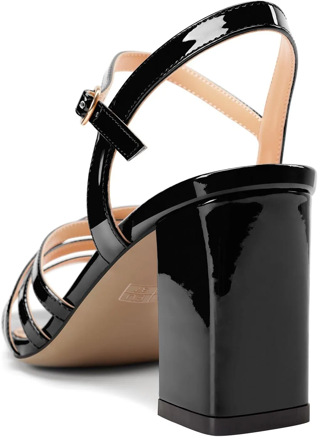 DearOnly Womens Square Toe Gladiator Chunky Block Mid Heel Sandals Ankle Strap Buckle Wedding Dress Patent Leather Shoes 3.2 Inches Heels