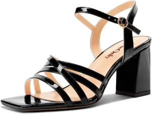 DearOnly Womens Square Toe Gladiator Chunky Block Mid Heel Sandals Ankle Strap Buckle Wedding Dress Patent Leather Shoes 3.2 Inches Heels
