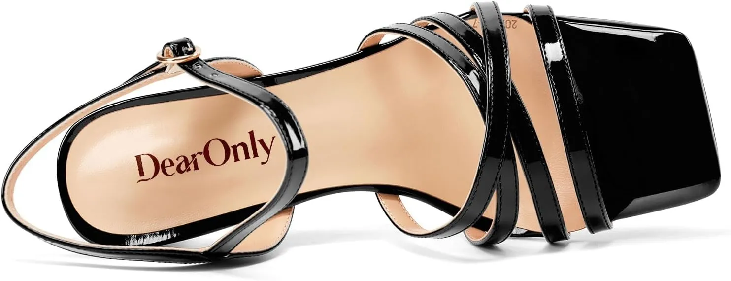 DearOnly Womens Square Toe Gladiator Chunky Block Mid Heel Sandals Ankle Strap Buckle Wedding Dress Patent Leather Shoes 3.2 Inches Heels