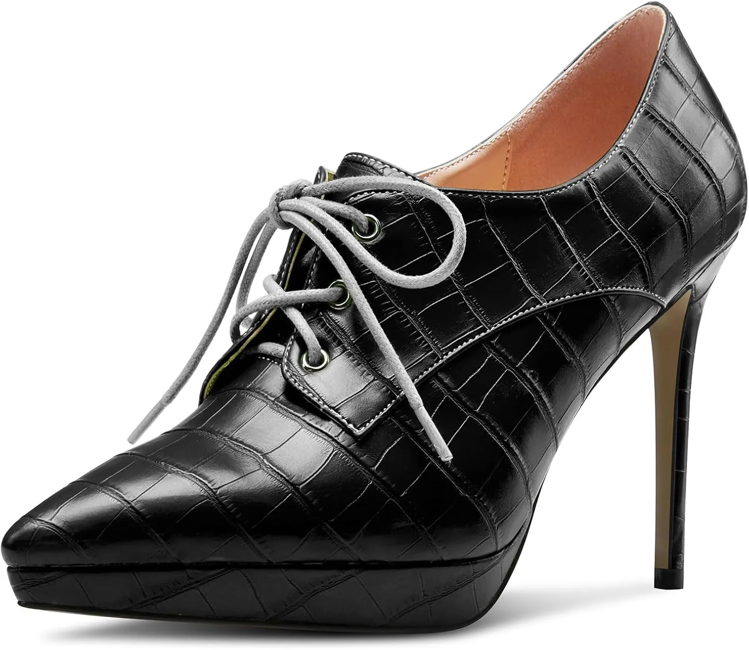 DearOnly Womens Stiletto High Platform Heel Pointed Toe Ankle Boots Short Bootie Lace-up Office Dress 3.9 Inches Heels