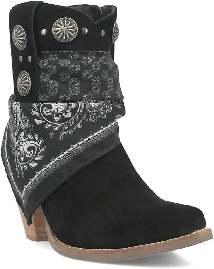 Dingo Womens Bandida Paisley Studded Round Toe Casual Boots Ankle Mid Heel 2-3" - Black
