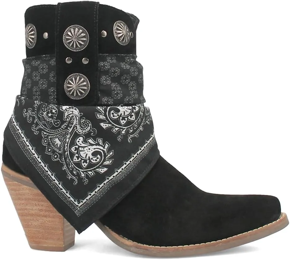 Dingo Womens Bandida Paisley Studded Round Toe Casual Boots Ankle Mid Heel 2-3" - Black