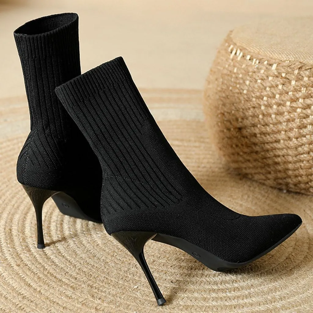DINTAHA Knitted Boots Stretch Sock Ankle Boots Pointed Toe Booties Stiletto High Heel Ankle Boots
