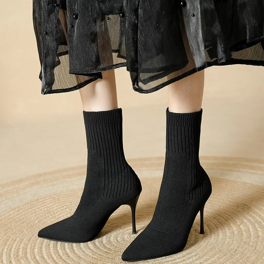 DINTAHA Knitted Boots Stretch Sock Ankle Boots Pointed Toe Booties Stiletto High Heel Ankle Boots