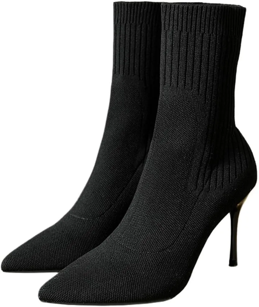 DINTAHA Knitted Boots Stretch Sock Ankle Boots Pointed Toe Booties Stiletto High Heel Ankle Boots
