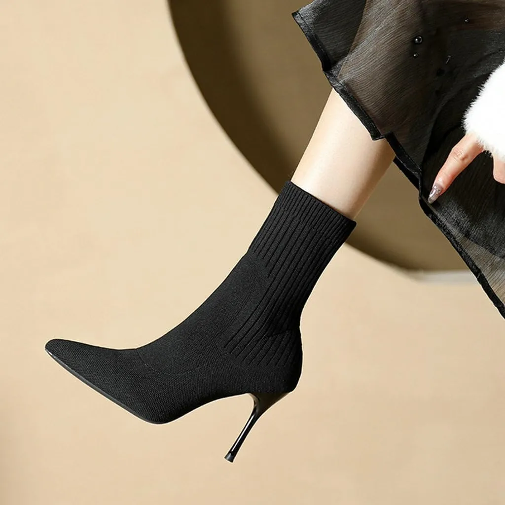 DINTAHA Knitted Boots Stretch Sock Ankle Boots Pointed Toe Booties Stiletto High Heel Ankle Boots
