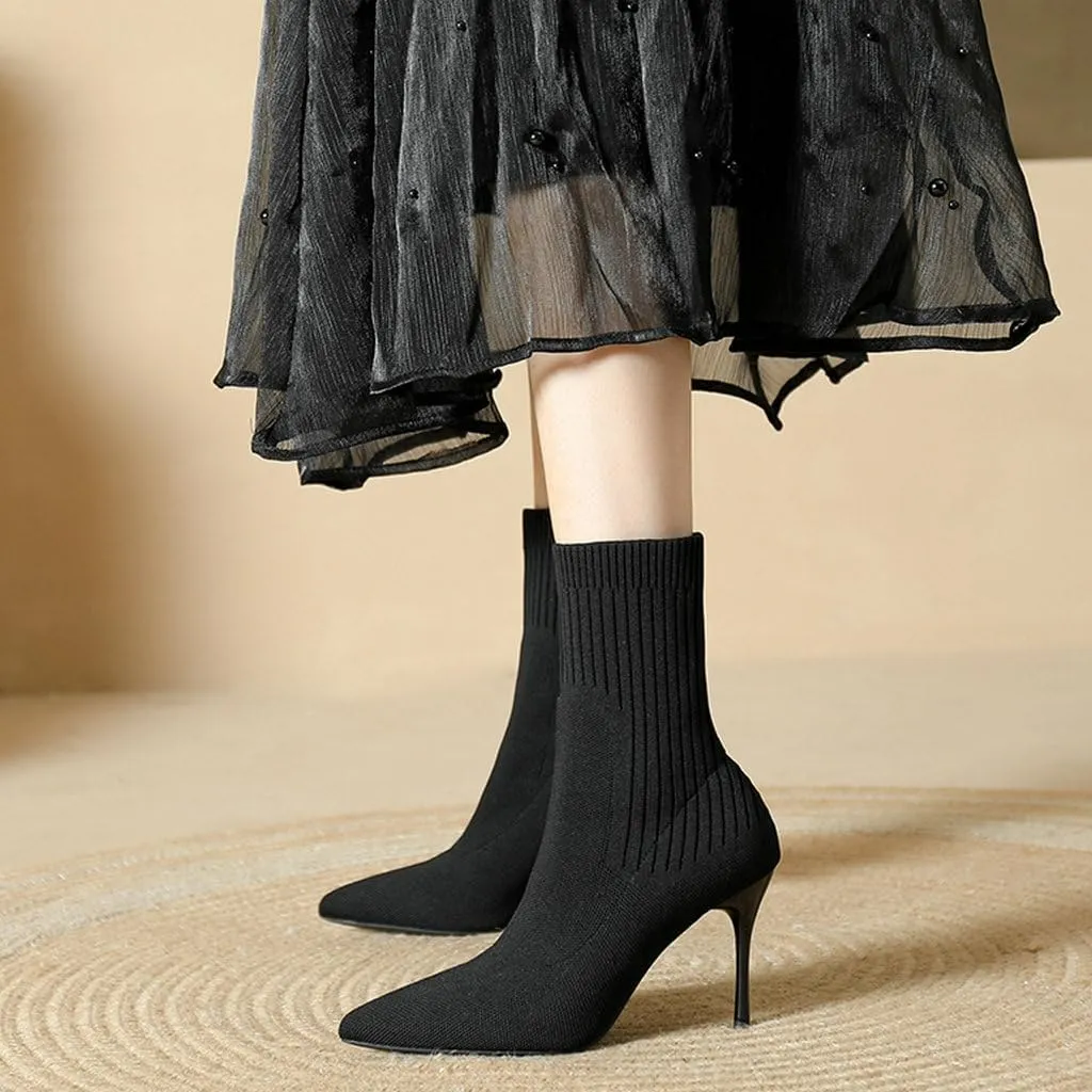 DINTAHA Knitted Boots Stretch Sock Ankle Boots Pointed Toe Booties Stiletto High Heel Ankle Boots