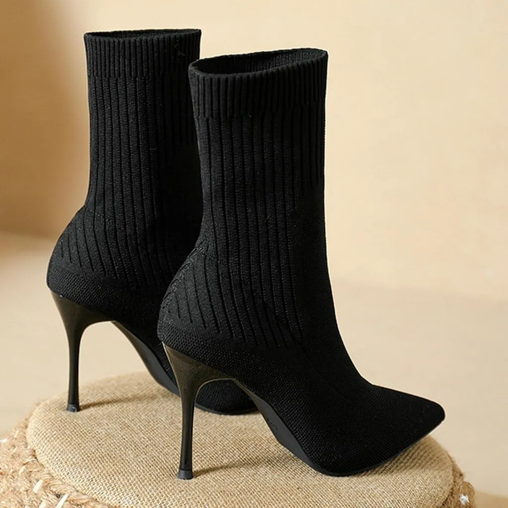 DINTAHA Knitted Boots Stretch Sock Ankle Boots Pointed Toe Booties Stiletto High Heel Ankle Boots