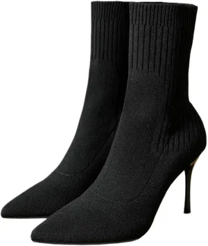DINTAHA Knitted Boots Stretch Sock Ankle Boots Pointed Toe Booties Stiletto High Heel Ankle Boots