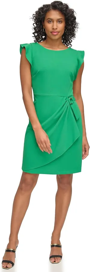 DKNY Women's Flutter Sleeve Faux Wrap Dress with Hardware
