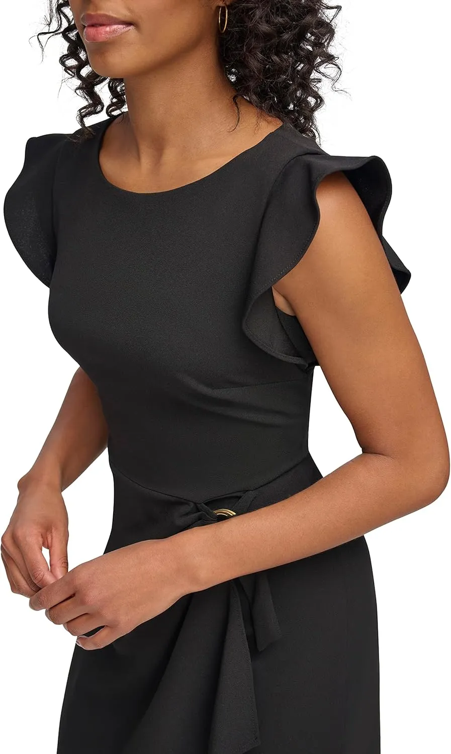 DKNY Women's Flutter Sleeve Faux Wrap with Hardware