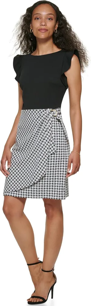 DKNY Women's Flutter Sleeve Faux Wrap with Hardware