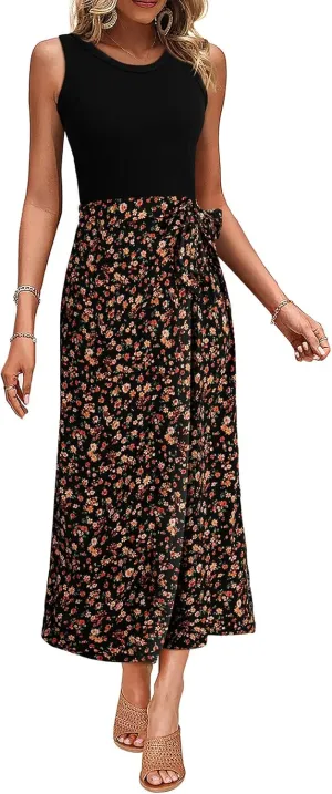 Dokotoo 2 Piece Sets for Women Summer Sleeveless Tank Tops and Boho Tie Knot Elastic Waist Midi Skirt Set