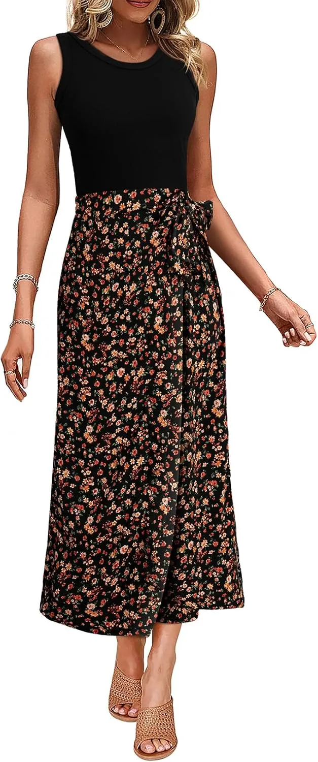 Dokotoo 2 Piece Sets for Women Summer Sleeveless Tank Tops and Boho Tie Knot Elastic Waist Midi Skirt Set