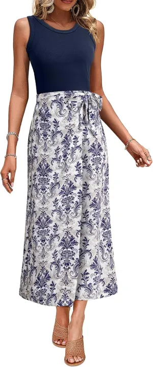 Dokotoo 2 Piece Sets for Women Summer Sleeveless Tank Tops and Boho Tie Knot Elastic Waist Midi Skirt Set