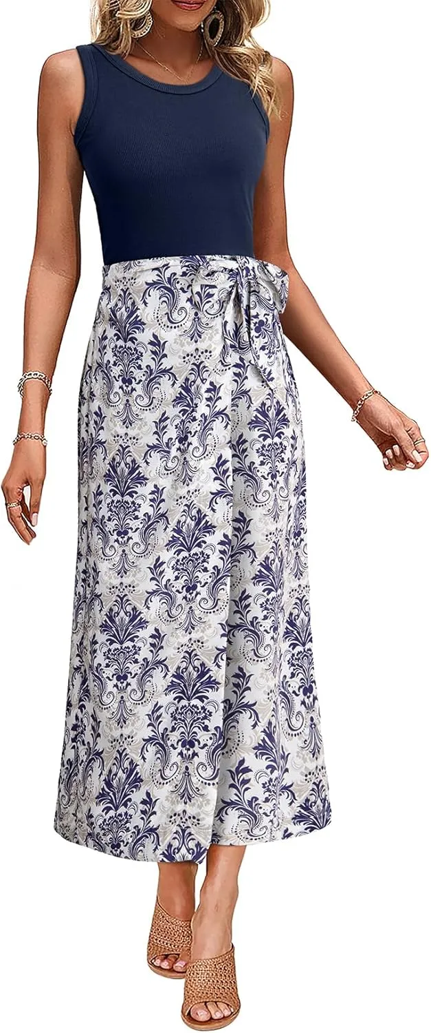 Dokotoo 2 Piece Sets for Women Summer Sleeveless Tank Tops and Boho Tie Knot Elastic Waist Midi Skirt Set