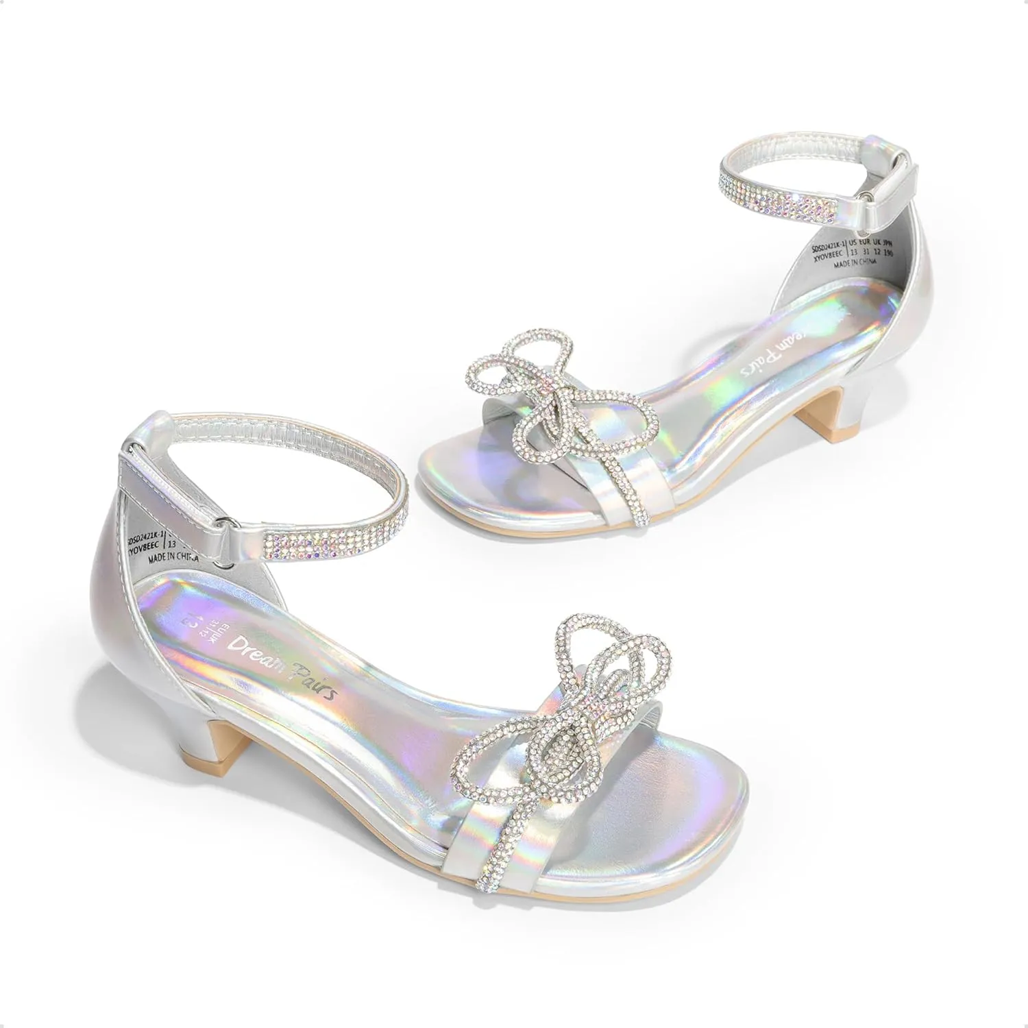 DREAM PAIRS Girls Sandals Ankle Strap Square Toe Low Heel Bow Flower Dress Shoes
