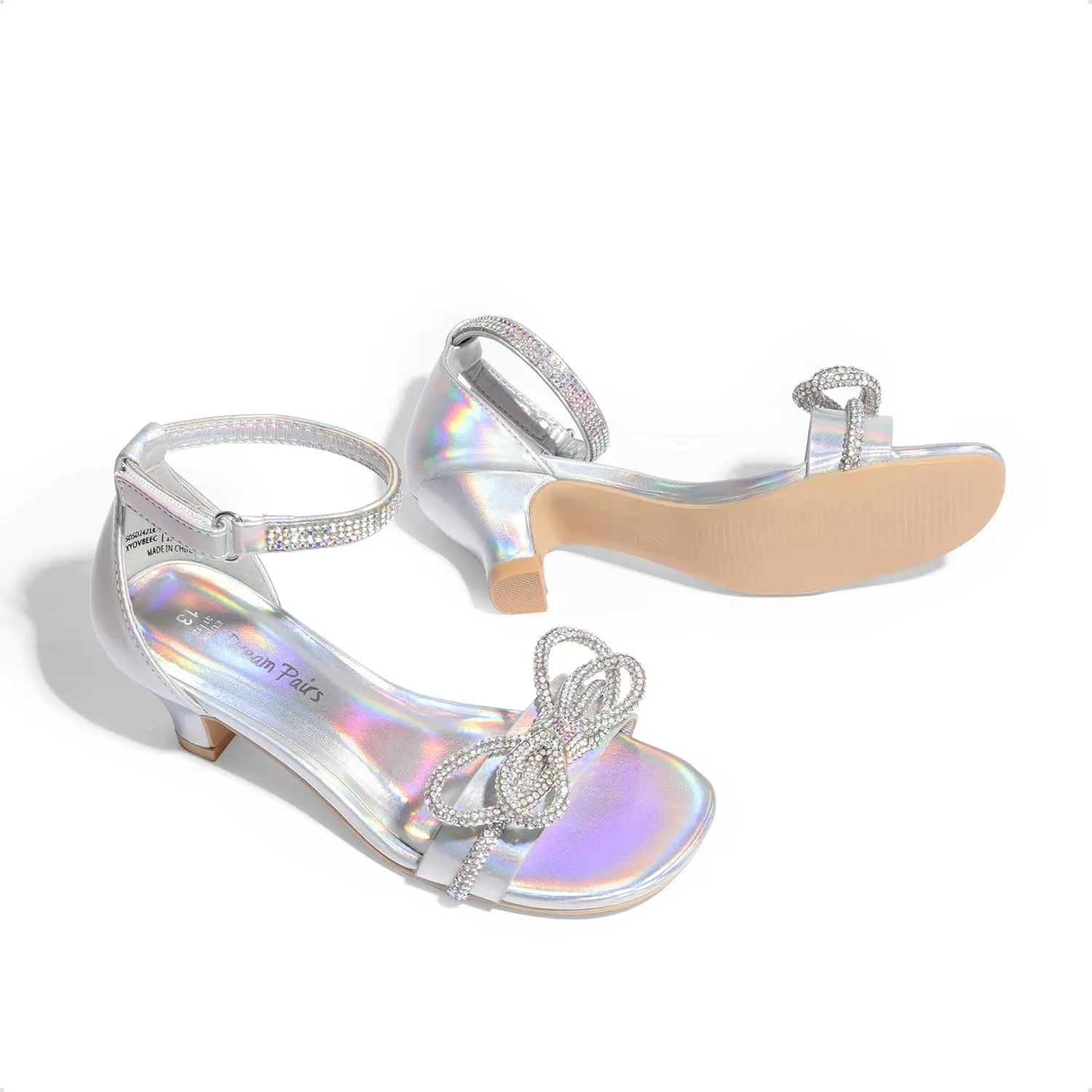 DREAM PAIRS Girls Sandals Ankle Strap Square Toe Low Heel Bow Flower Dress Shoes