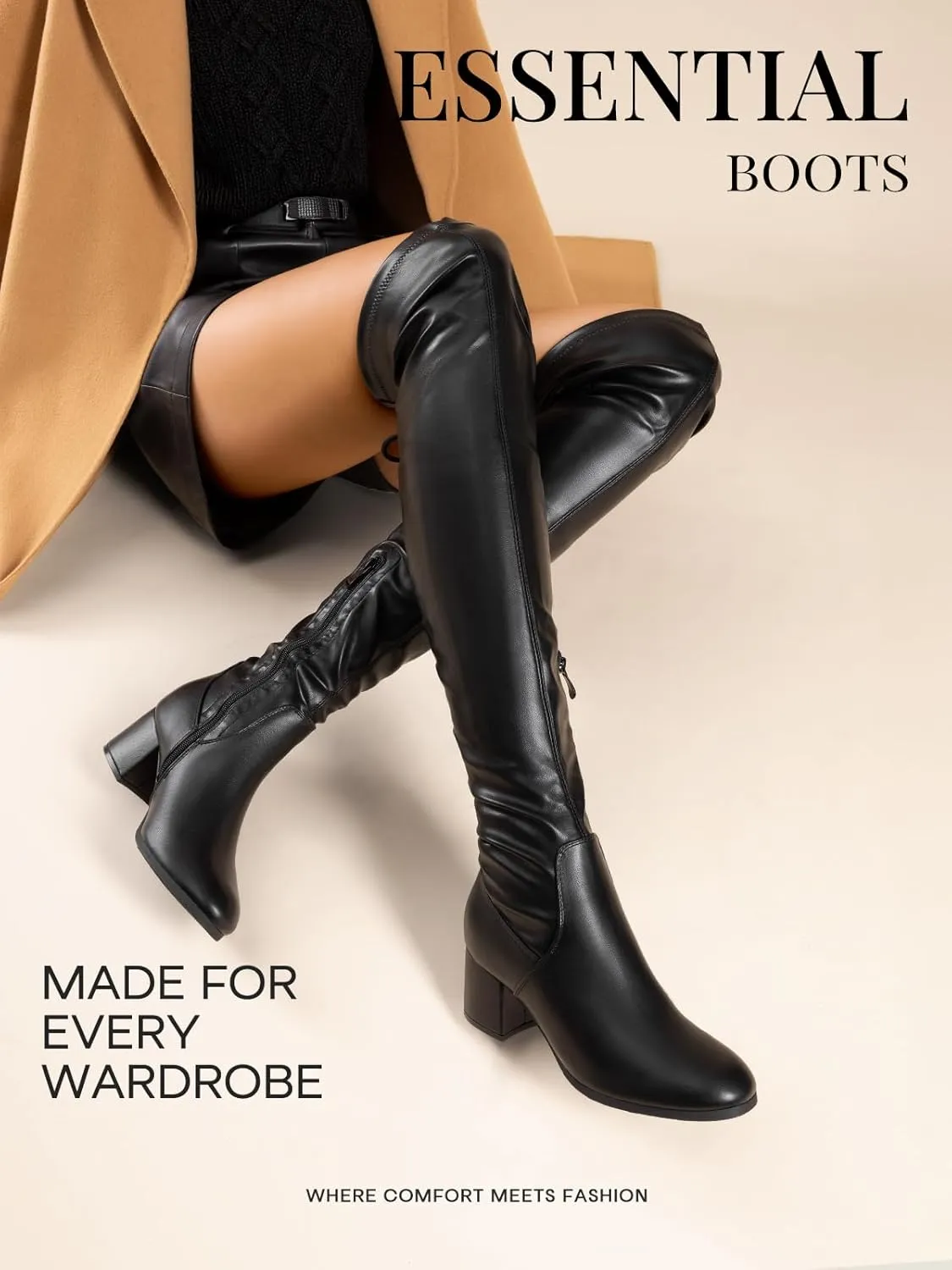 DREAM PAIRS Women's Laurence Over The Knee Thigh High Chunky Heel Boots Long Stretch Sexy Fall Boots
