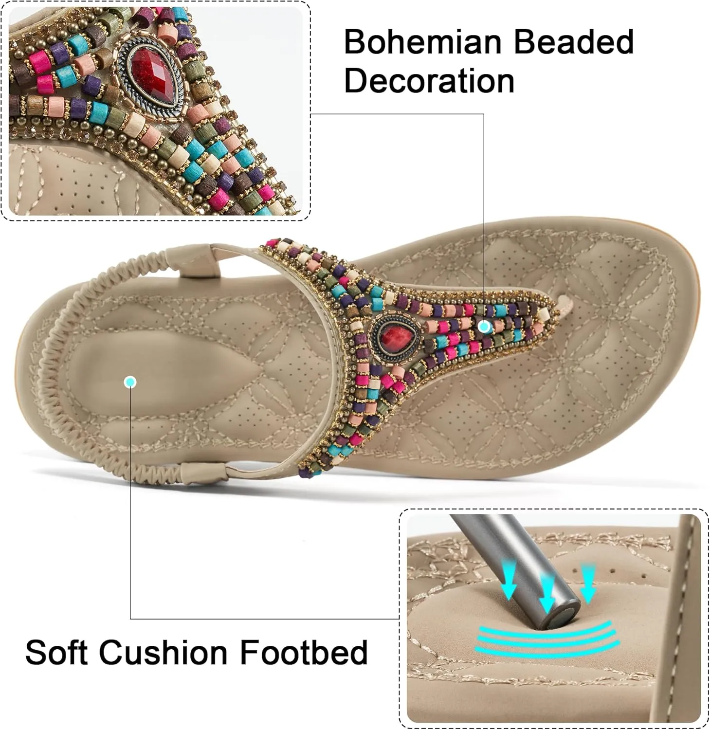 Ecetana Womens Sandals Dressy Flat with Bohemian Beaded Comfortable Casual Summer Slip On Ankle Elastic Thong Shoes