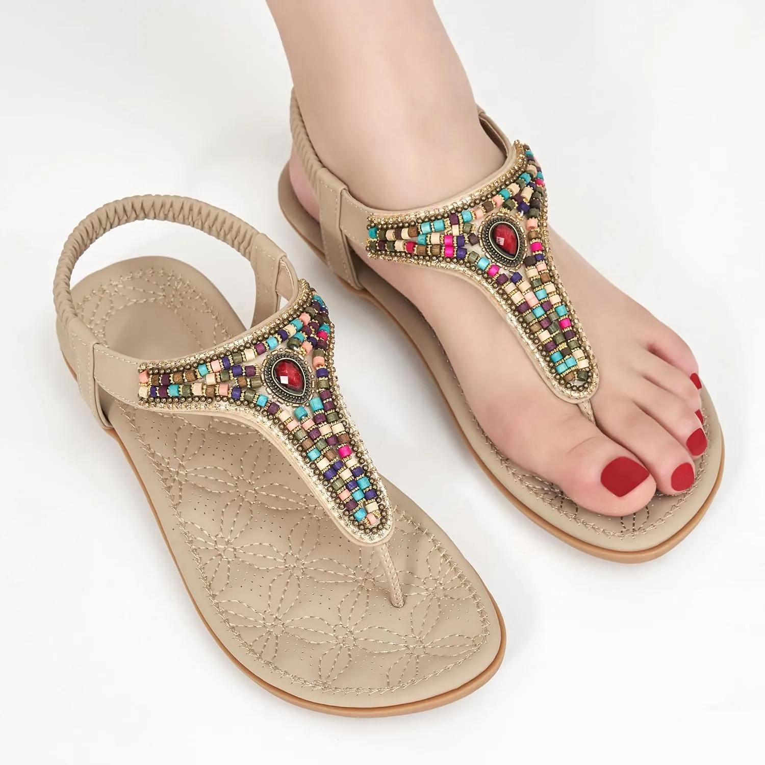 Ecetana Womens Sandals Dressy Flat with Bohemian Beaded Comfortable Casual Summer Slip On Ankle Elastic Thong Shoes